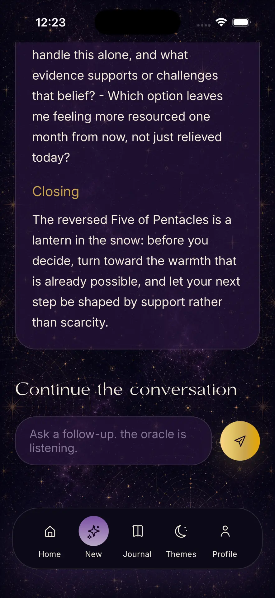 Continuing a conversation with the Arcana Oracle after a reading